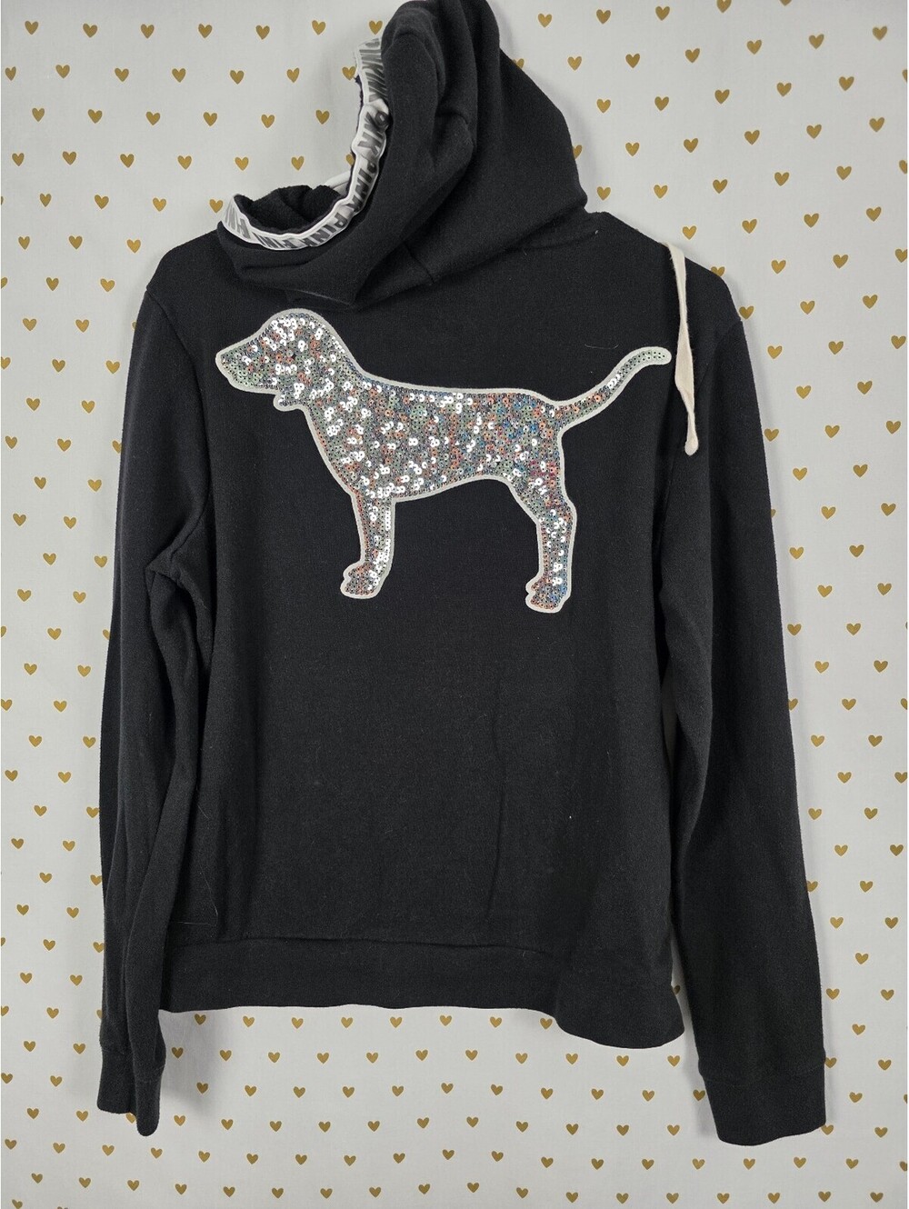 Victorias Secret Pink BLING SEQUINED DOG Pullover Hoodie Sweater LARGE